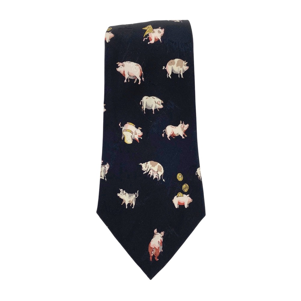 Nicole Miller 1997 Vintage When Pigs Fly Silk Tie Black Whimsical Novelty Mens